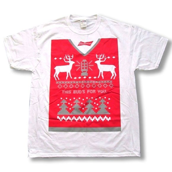 BUDWEISER BEER - UGLY CHRISTMAS SWEATER T-SHIRT - Picture 1 of 2